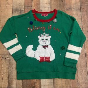 Ugly Christmas Sweater Cat Bling It On Green Lights Pom Pom XL Funny Holiday